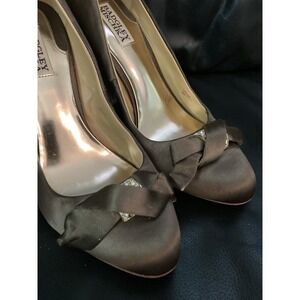 Y2K Badgley Mischka Pumps Sz 9.5 Brown Satin Crystal Bow Heel Coquette HoCo Prom